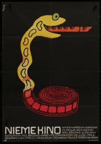 8t590 SILENT MOVIE Polish 23x33 1977 cool Flisak art of snake with film strip body playing flute!