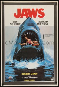 8t035 JAWS Turkish 1981 best different art of classic man-eating shark with sexy girl in mouth!