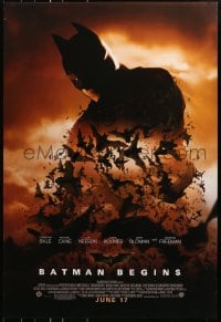 8w081 BATMAN BEGINS advance 1sh 2005 June 17, image of Christian Bale's head and cowl over bats!