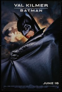 8w086 BATMAN FOREVER advance 1sh 1995 cool image of Val Kilmer in the title role, bat symbol!