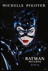 8w094 BATMAN RETURNS teaser 1sh 1992 Tim Burton, Michelle Pfeiffer as Catwoman, dated design!