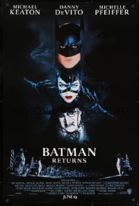 8w091 BATMAN RETURNS int'l advance 1sh 1992 Burton, Keaton, DeVito, Pfeiffer, cool white date design!