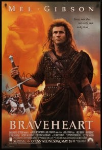 8w144 BRAVEHEART advance DS 1sh 1995 cool image of Mel Gibson as William Wallace!
