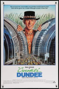 8w192 CROCODILE DUNDEE 1sh 1986 cool art of Paul Hogan looming over New York City by Daniel Goozee!
