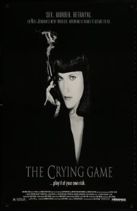 8w196 CRYING GAME 25x39 1sh 1992 Neil Jordan classic, great image of Miranda Richardson with smoking gun!
