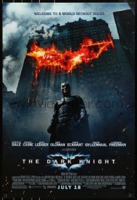 8w203 DARK KNIGHT advance DS 1sh 2008 Christian Bale as Batman in front of burning bat symbol!