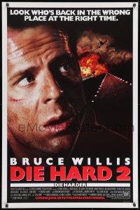 8w242 DIE HARD 2 advance DS 1sh 1990 tough guy Bruce Willis, image of airplane and fire over airport