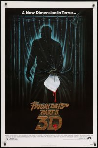 8w307 FRIDAY THE 13th PART 3 - 3D 1sh 1982 slasher sequel, art of Jason stabbing through shower!