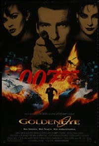 8w342 GOLDENEYE DS 1sh 1995 cast image of Pierce Brosnan as Bond, Isabella Scorupco, Famke Janssen!