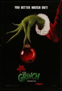 8w364 GRINCH teaser DS 1sh 2000 Carrey, Howard, Dr. Seuss' classic Christmas story, broken ornament!