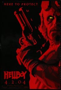8w393 HELLBOY teaser 1sh 2004 Mike Mignola comic, cool red image of Ron Perlman, here to protect!