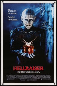 8w394 HELLRAISER 1sh 1987 Clive Barker horror, great image of Pinhead, he'll tear your soul apart!