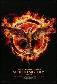 8w417 HUNGER GAMES: MOCKINGJAY - PART 1 teaser DS 1sh 2014 logo, fire burns brighter in the darkness