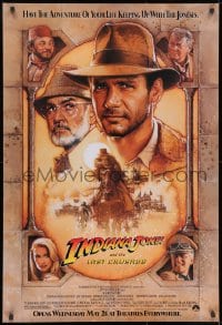 8w435 INDIANA JONES & THE LAST CRUSADE advance 1sh 1989 Ford/Connery over a brown background by Drew
