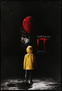 8w457 IT teaser DS 1sh 2017 creepy image of Pennywise handing child balloon, you'll float too!