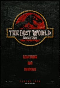 8w468 JURASSIC PARK 2 int'l teaser DS 1sh 1997 Steven Spielberg, T-Rex over red background!
