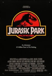 8w466 JURASSIC PARK DS 1sh 1993 Steven Spielberg, classic logo with T-Rex over red background
