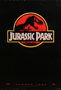 8w467 JURASSIC PARK teaser 1sh 1993 Steven Spielberg, classic logo with T-Rex over red background