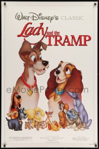 8w497 LADY & THE TRAMP 1sh R1986 most romantic spaghetti scene from Disney dog classic!