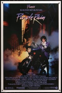 8w703 PURPLE RAIN 1sh 1984 great image of Prince riding motorcycle, in his first motion picture!