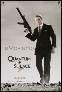 8w705 QUANTUM OF SOLACE int'l Spanish language teaser DS 1sh 2008 Craig as Bond w/ UMP submachine gun!