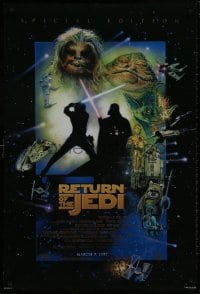 8w737 RETURN OF THE JEDI style D advance DS 1sh R1997 George Lucas classic, cool montage art by Drew Struzan!