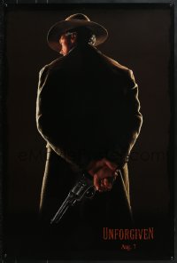 8w931 UNFORGIVEN teaser DS 1sh 1992 image of gunslinger Clint Eastwood w/back turned, dated design!