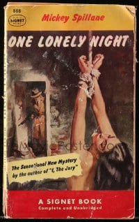 8x323 ONE LONELY NIGHT paperback book 1952 Mickey Spillane, cover art of naked bound woman!