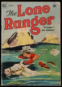 8x379 LONE RANGER #30 comic book 1950 cover art of him w/ gun drawn swimming beside Silver!
