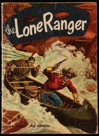 8x380 LONE RANGER #32 comic book 1951 painted cover art of him with gun drawn by Tonto in canoe!
