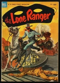 8x387 LONE RANGER #58 comic book 1952 painted cover art of him jumping from Silver on train tracks!