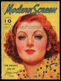 8x872 MODERN SCREEN magazine June 1936 great cover art of pretty Myrna Loy by Earl Christy!