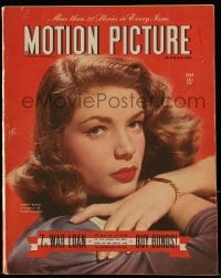 8x906 MOTION PICTURE magazine June 1945 c/u of sexy Lauren Bacall, a close up by Sidney Skolsky!