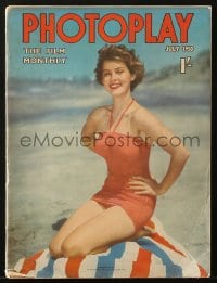 8x759 PHOTOPLAY English magazine July 1950 cover portrait of sexy Barbara Bates in swimsuit!