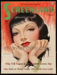 8x804 SCREENLAND magazine March 1935 great cover art of Claudette Colbert by Charles Sheldon!