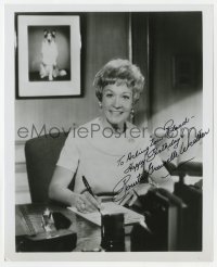 8y660 BONITA GRANVILLE signed 8.25x10 REPRO still 1970s seated at desk & smiling while writing!