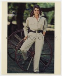 8y540 BROOKE SHIELDS signed color 8x10 REPRO still 1990s full-length portrait leaning against wheel!