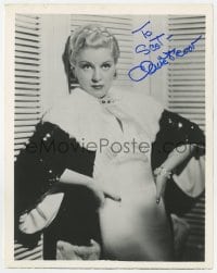 8y677 CLAIRE TREVOR signed 8x10 REPRO still 1980s sexy posed portrait wearing cool dress!