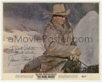 8y133 JAMES STEWART signed color 8x10 still 1966 close up on horse in snowstorm in The Rare Breed!