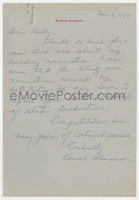 8y119 HAROLD ADAMSON signed letter 1958 thanking Buddy Adler for helping him get Oscar nomination!