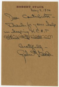 8y123 ROBERT STACK signed letter 1974 thanking a fan for helping keep KCET alive!