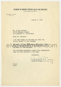 8y126 WENDELL COREY signed letter 1961 President of Motion Picture Academy, welcoming new member!