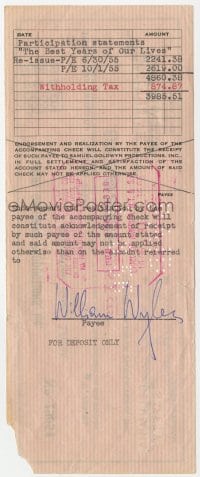 8y110 WILLIAM WYLER signed 4x9 canceled check 1956 paid for re-release of Best Years of Our Lives!