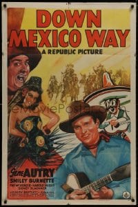 8z239 DOWN MEXICO WAY 1sh 1941 Gene Autry & Smiley Burnette go south of the border, cool artwork!