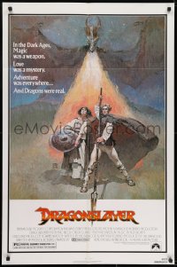 8z245 DRAGONSLAYER 1sh 1981 cool Jeff Jones fantasy artwork of Peter MacNicol w/spear & dragon!