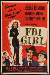 8z295 FBI GIRL 1sh 1951 sexy full-length image of Audrey Totter with gun, a woman on a man-hunt!