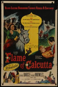 8z303 FLAME OF CALCUTTA 1sh 1953 art of horseback Denise Darcel w/sword, deadly assassins strike!