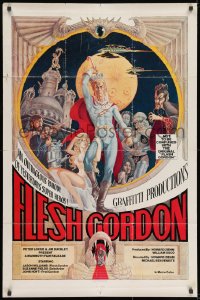 8z310 FLESH GORDON 1sh 1974 sexy sci-fi spoof, wacky erotic super hero art by George Barr!