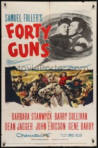 8z325 FORTY GUNS 1sh 1957 Samuel Fuller, art of Barbara Stanwyck & Barry Sullivan on horseback!