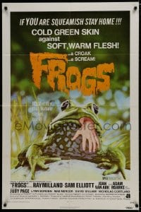 8z335 FROGS 1sh 1972 great horror art of man-eating amphibian with human hand hanging from mouth!
